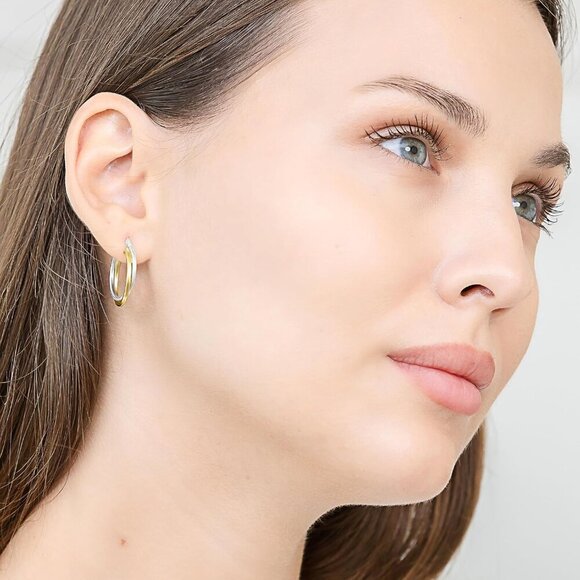 925 Sterling Silver Two-Tone Intertwining Round Double Square-Tube Hoop Earrings - Picture 4 of 6